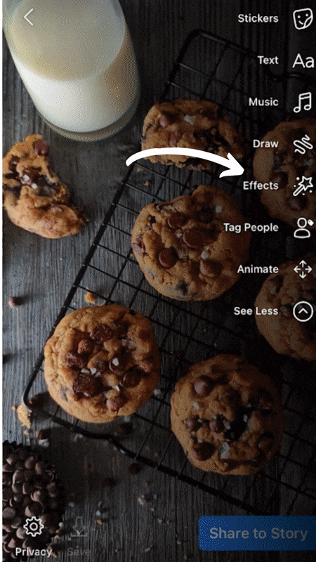 Example of using the Effects options to Facebook Stories