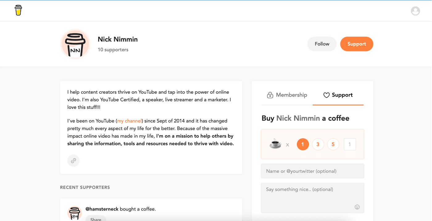 Example of Nick Nimmin, uses Buy me a Coffee to ask for support for his podcast