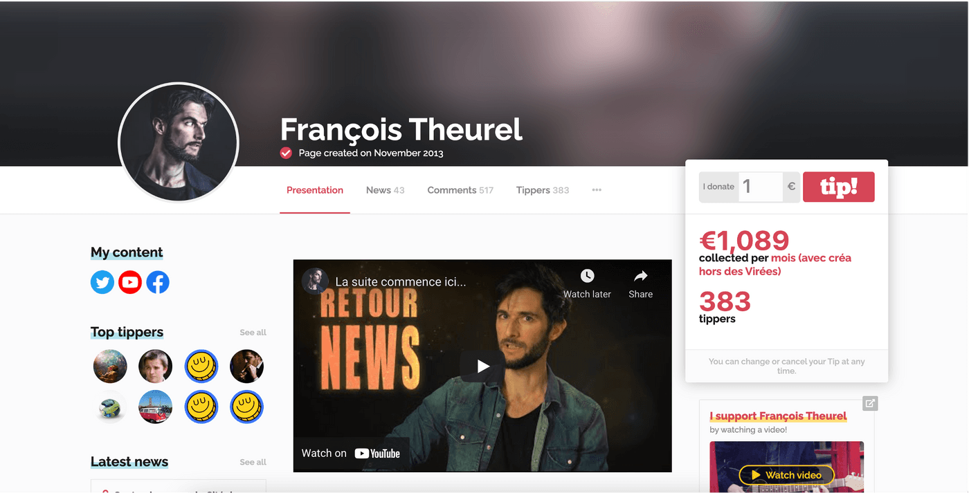 French writer and director, uses Tipee to ask viewers to support his YouTube channel