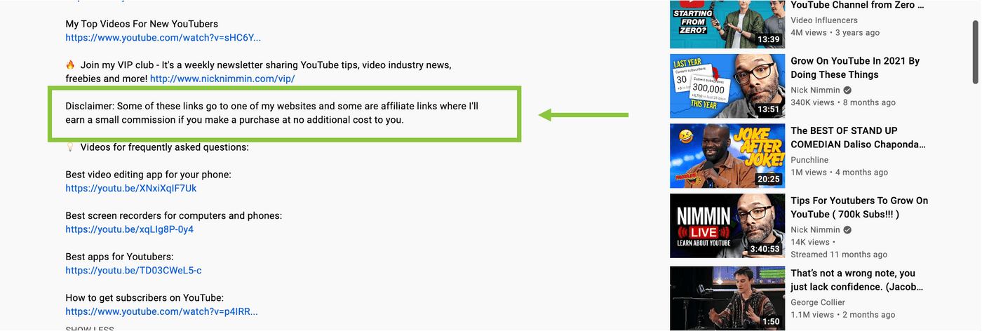 Example of YT video that includes a disclaimer along with affiliate links