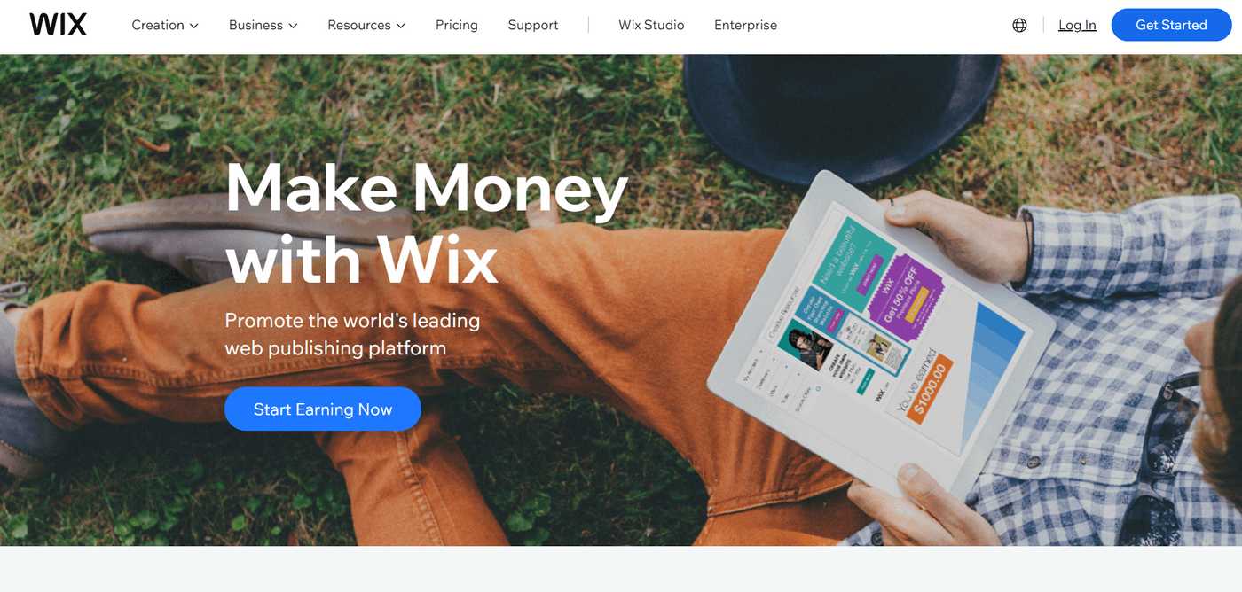 Wix affiliate program page encouraging users to promote the platform and earn commissions by referring new users.