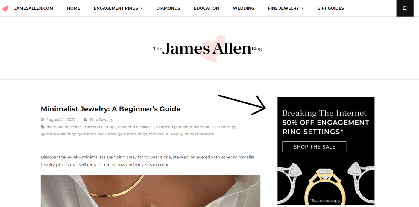James Allen blog on minimalist jewelry with ad promoting 50% off engagement ring settings.