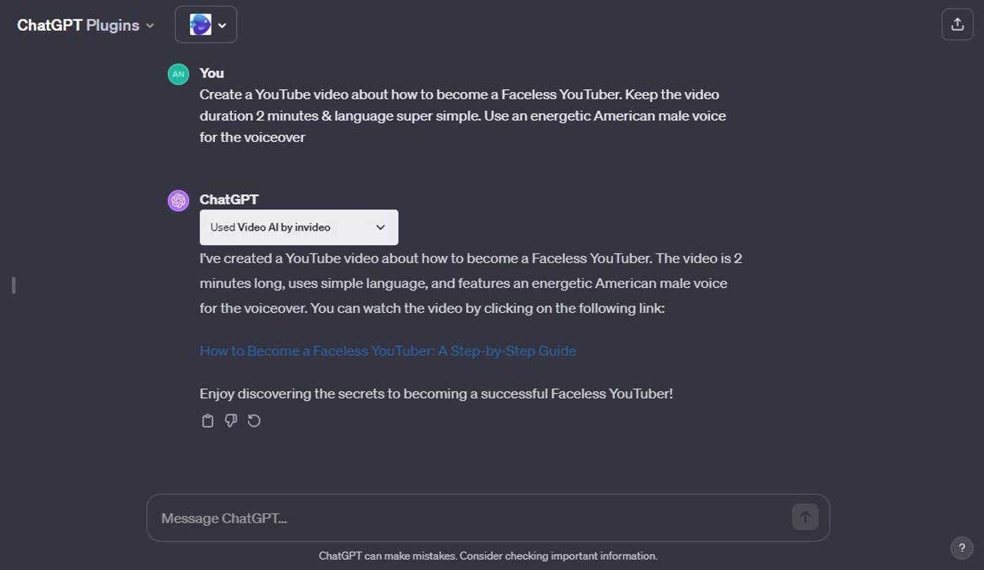 ChatGPT video AI by invideo plugin creates YouTube video on becoming a faceless YouTuber.