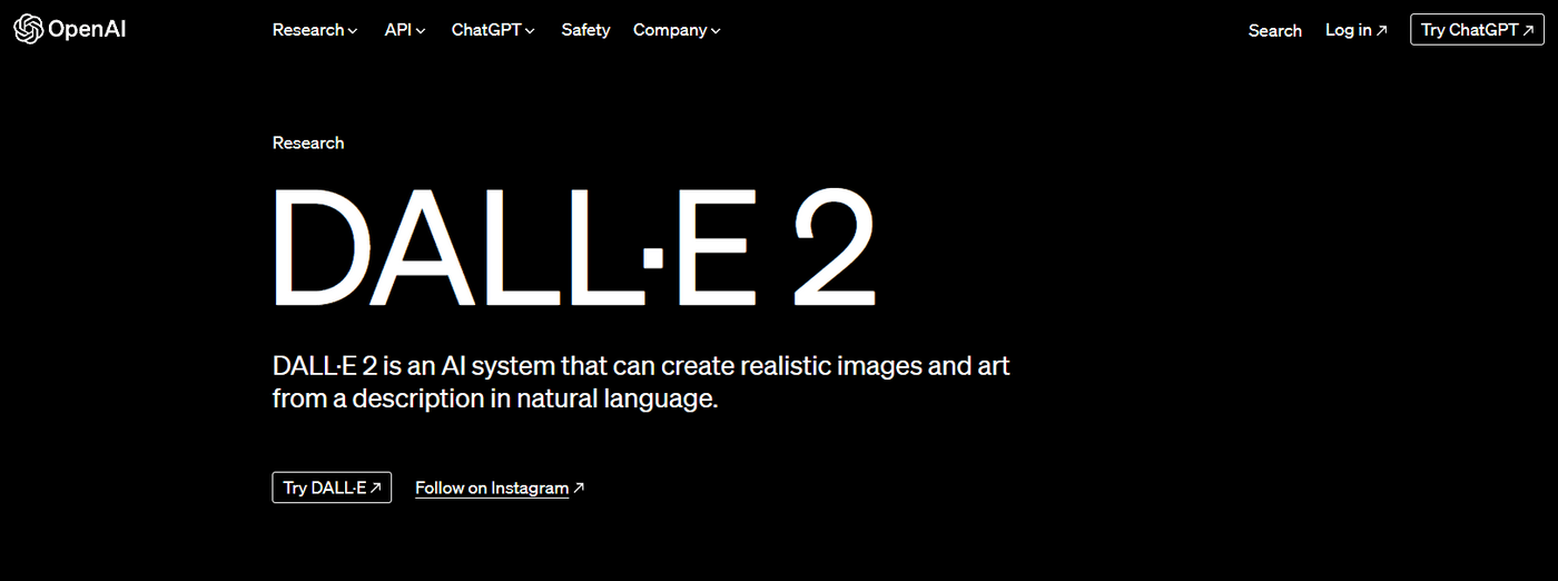 OpenAI DALL-E 2 webpage describing AI image generation capabilities.