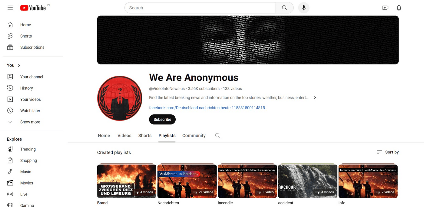 YouTube channel page of We Are Anonymous, featuring videos about news and current events.