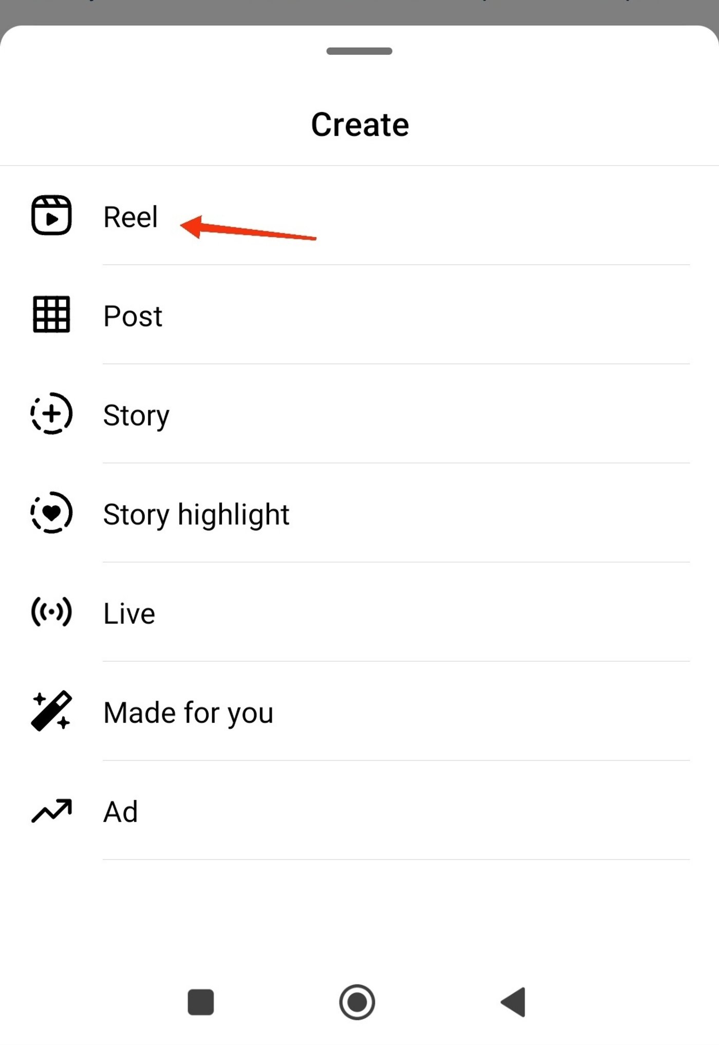 Instagram create menu highlighting the 'Reel' option for making video content.