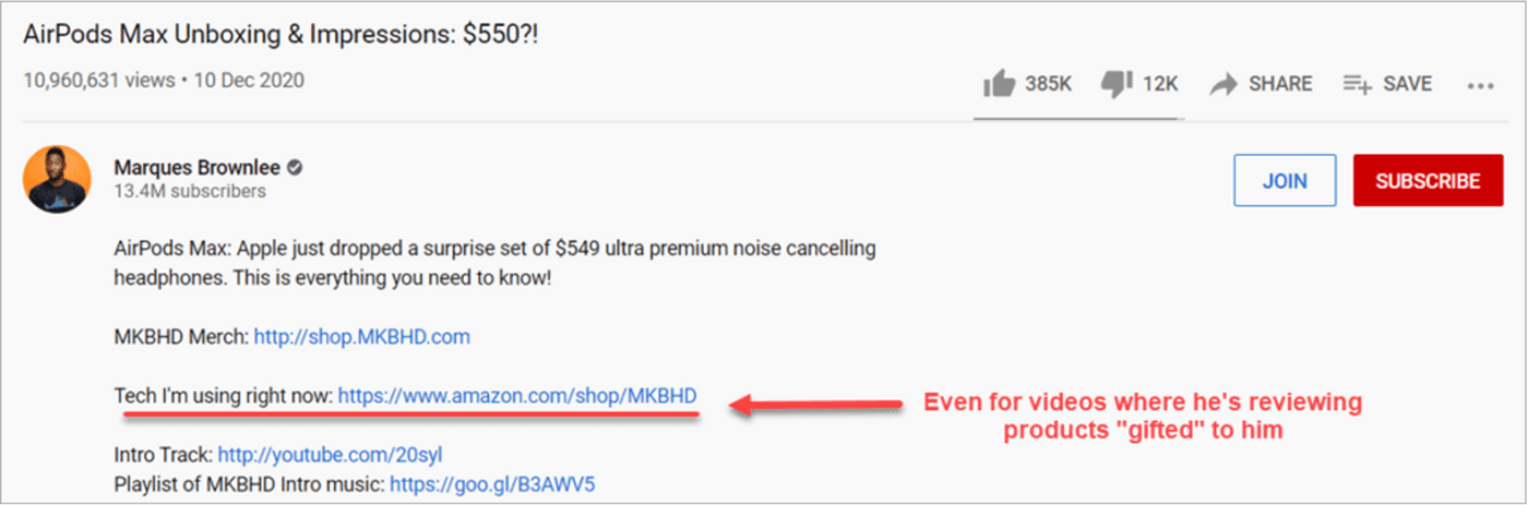 example of how Marques Brownlee, a YouTuber famous for his product tech reviews adds affiliate links to products in his videos