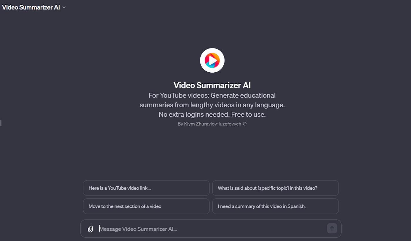 Video Summarizer AI interface offering tools to generate educational summaries from lengthy YouTube videos.