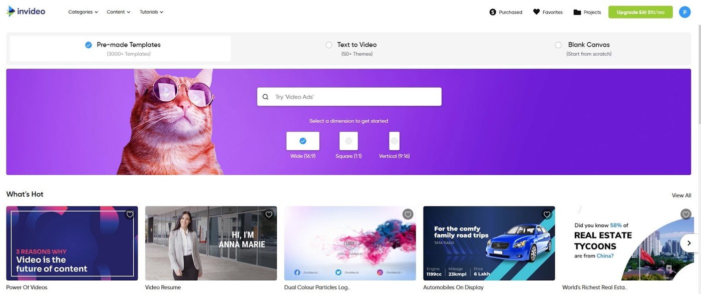 Pantalla de InVideo, la plataforma gratuita para crear videos increíbles en YouTube 