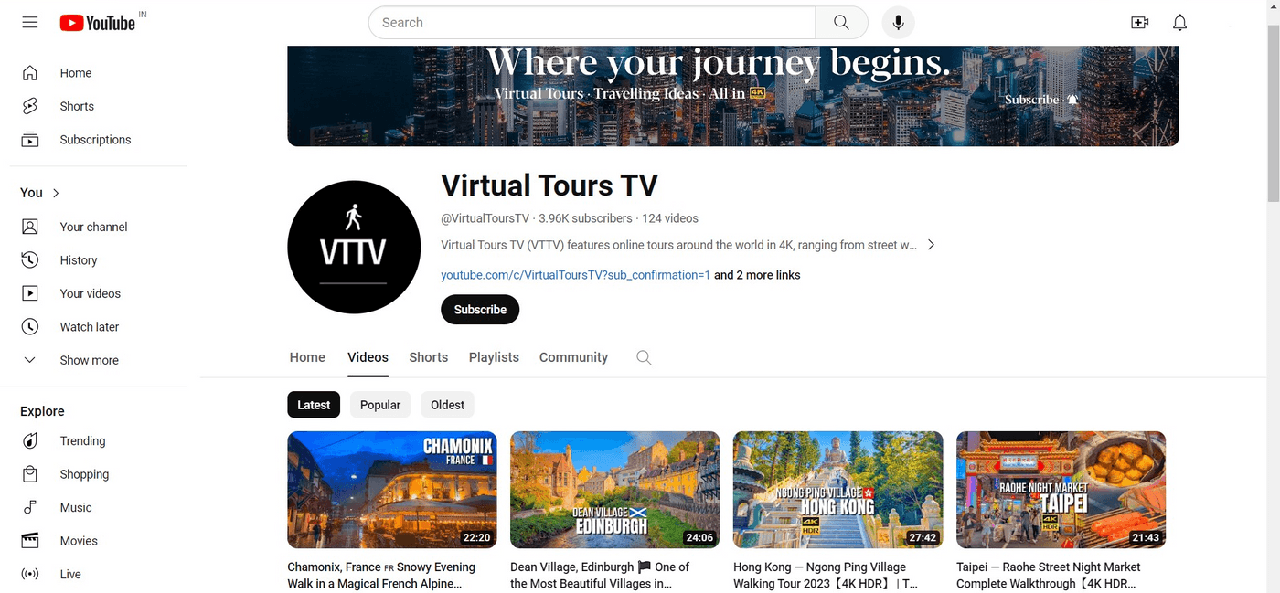 YouTube channel page of Virtual Tours TV, featuring 4K virtual tours worldwide.