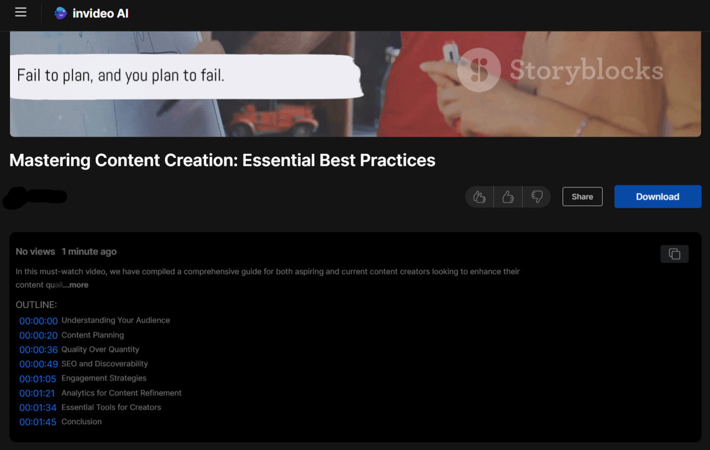 Invideo AI video titled 'Mastering Content Creation,' featuring best practices outline and options to download.