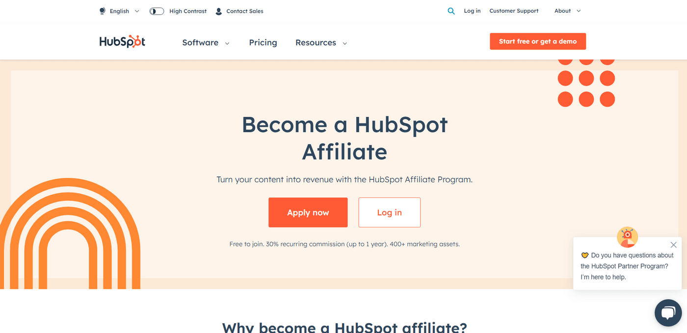 HubSpot affiliate program page inviting users to earn commissions by promoting HubSpot's tools and services.