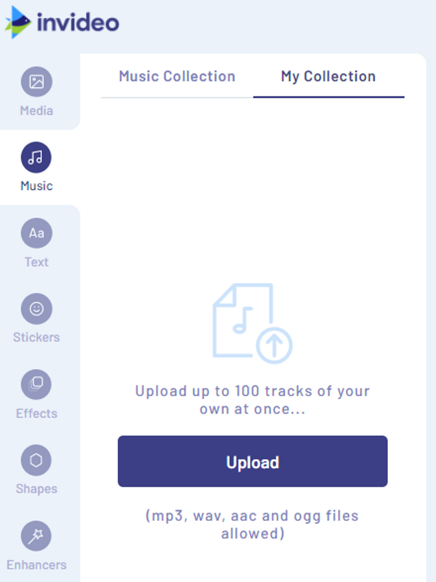 Tela para fazer uploado de arquivo de música ao seu vídeo na plataforma Igratuita de edição de vídeo InVideo