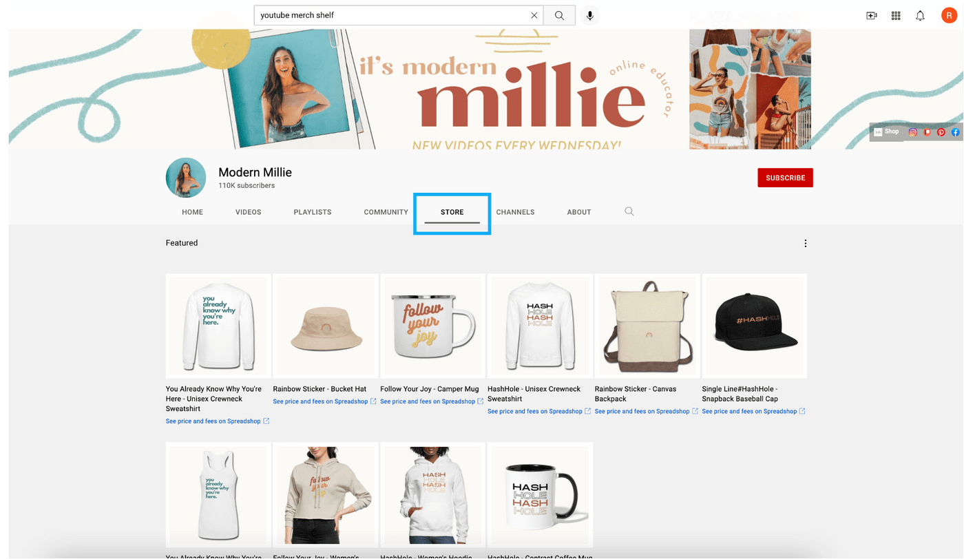 example, YouTuber Millie Adrian, integrated Spreadshirt with her YouTube page