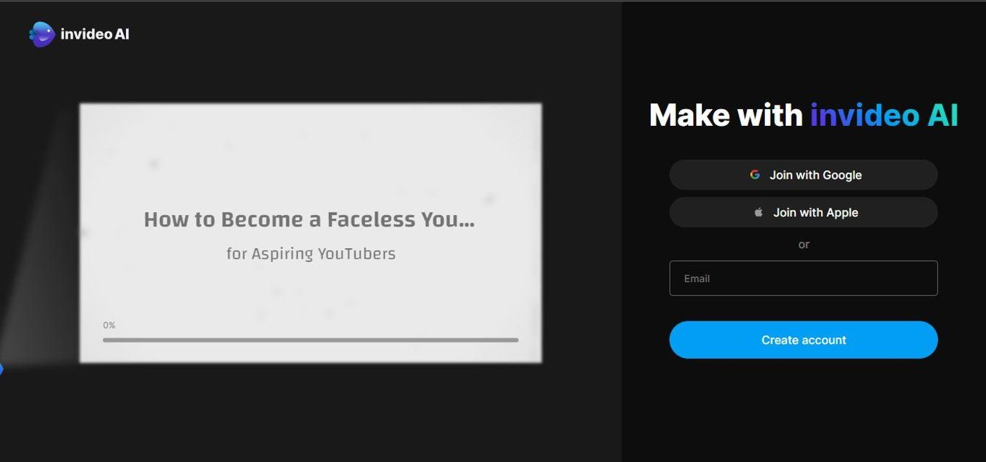 Invideo AI creating faceless YouTuber video, user sign-up options shown.