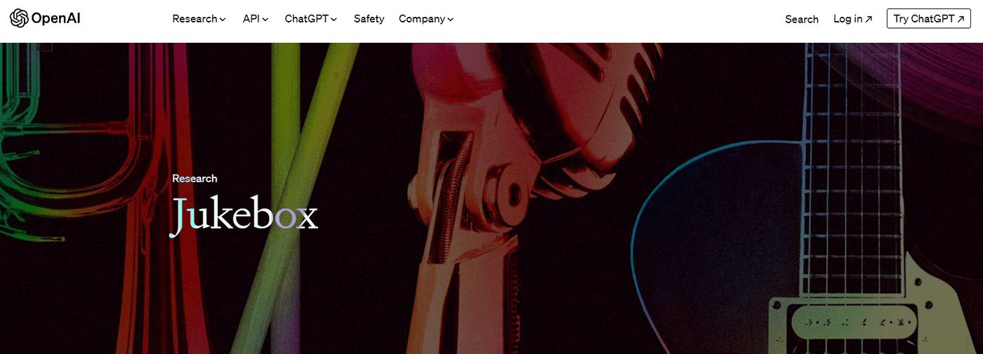 OpenAI Jukebox research page with colorful microphone and guitar graphics.