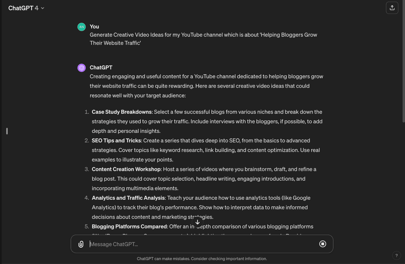 ChatGPT suggests YouTube video ideas for bloggers, including case studies, SEO tips, workshops, and analytics.