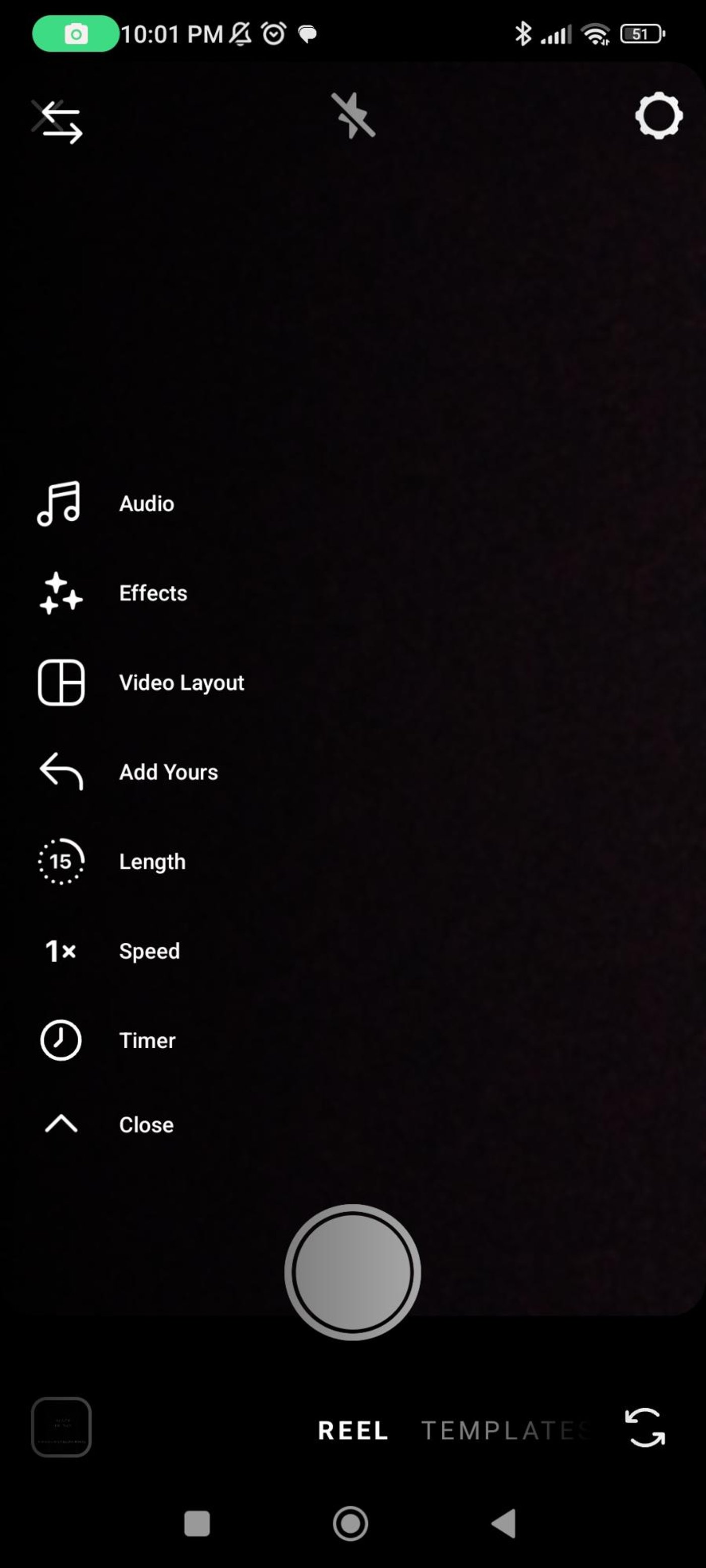 Instagram Reel recording interface showing options for audio, effects, video layout, and timer.