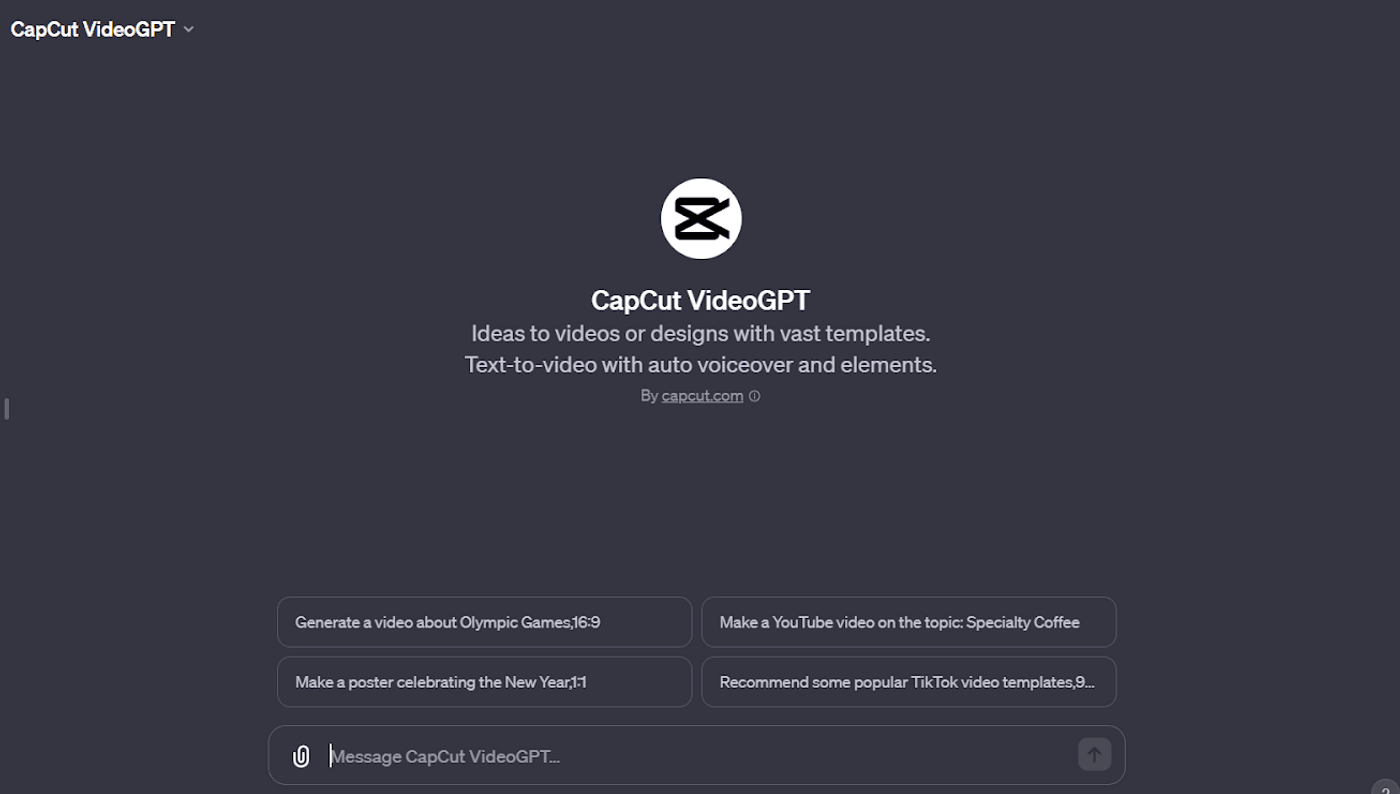 CapCut VideoGPT for creating videos or designs with templates, text-to-video, auto voiceover, and elements.
