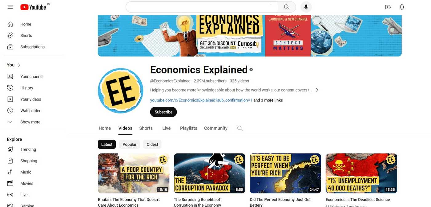 YouTube channel page of Economics Explained, featuring educational videos about global economics.