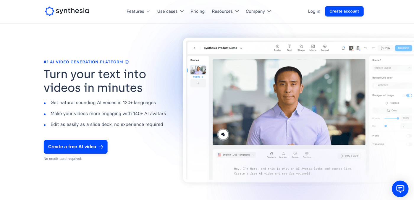 Synthesia AI video generation homepage shows converts text into videos with natural voices and over 140 avatars.