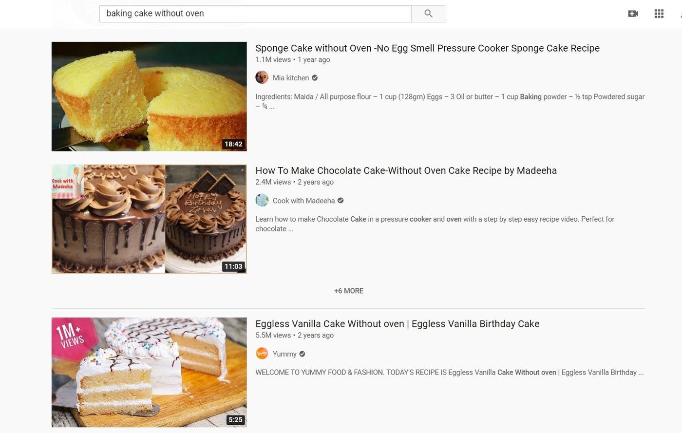 página de youtube con los resultados de la búsqueda "hacer una tarta sin horno"