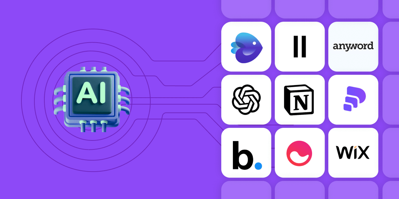 AI-powered chip with top generative AI tool logos on a purple futuristic background.