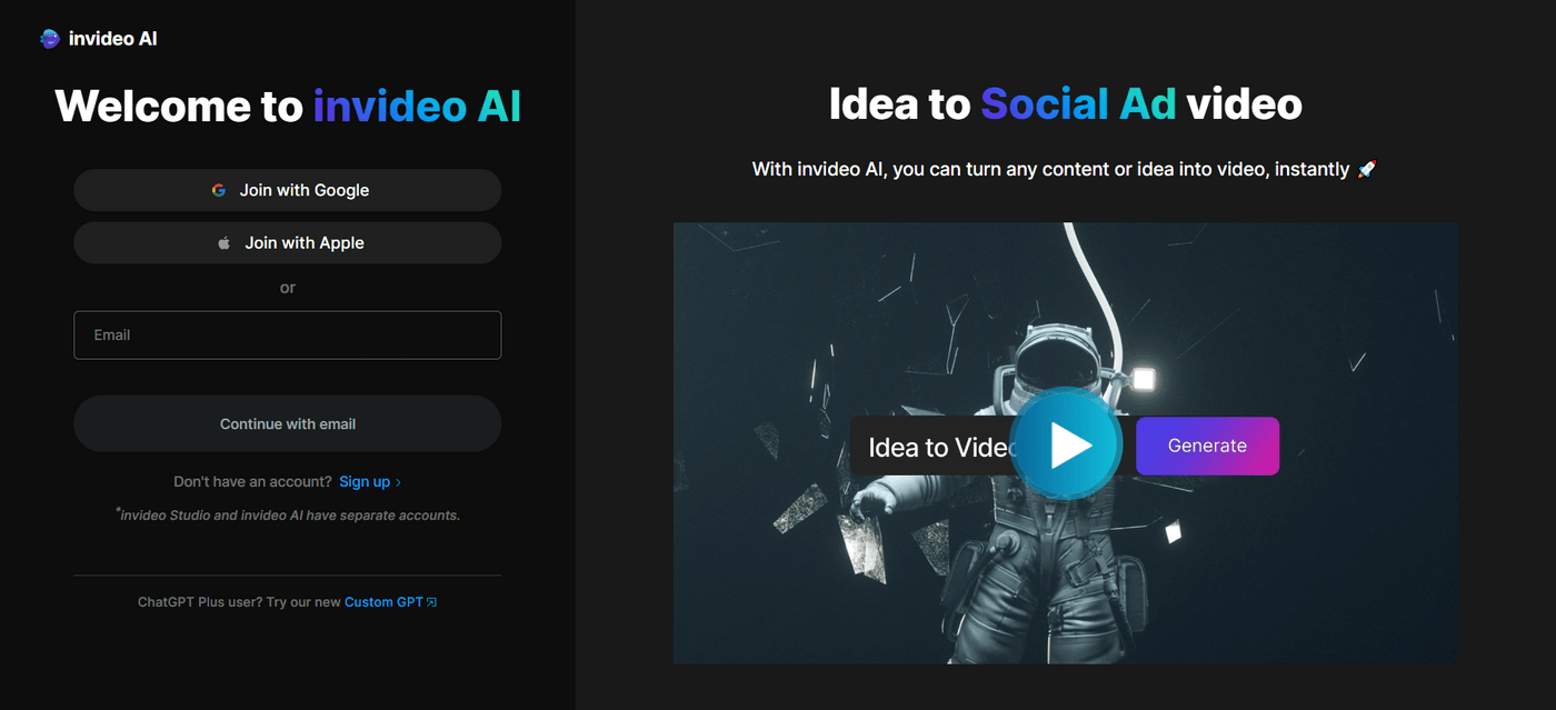 Welcome page for invideo AI, an AI-powered video creation tool.
