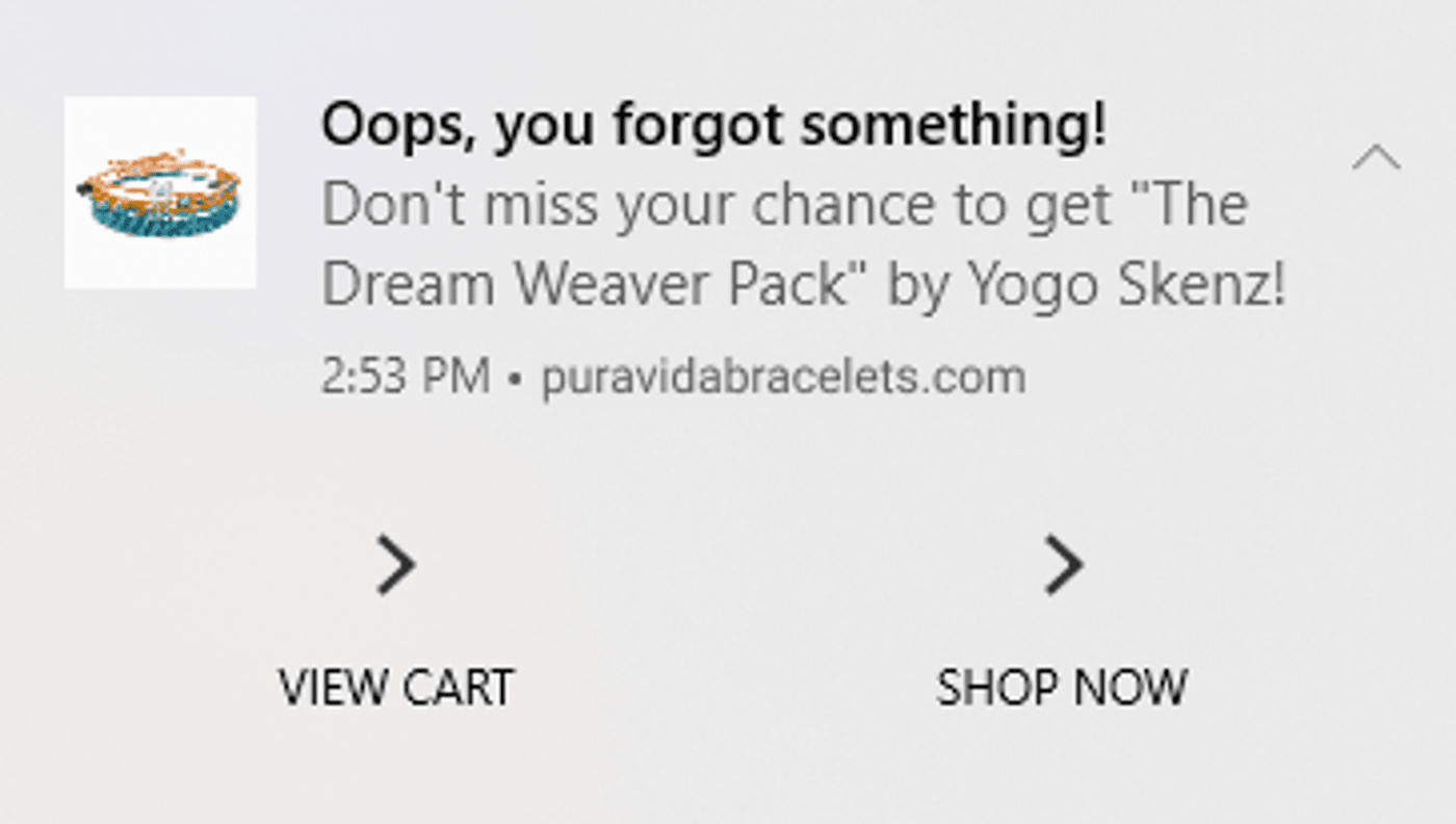 example of a push notification from Pura Vida bracelets
