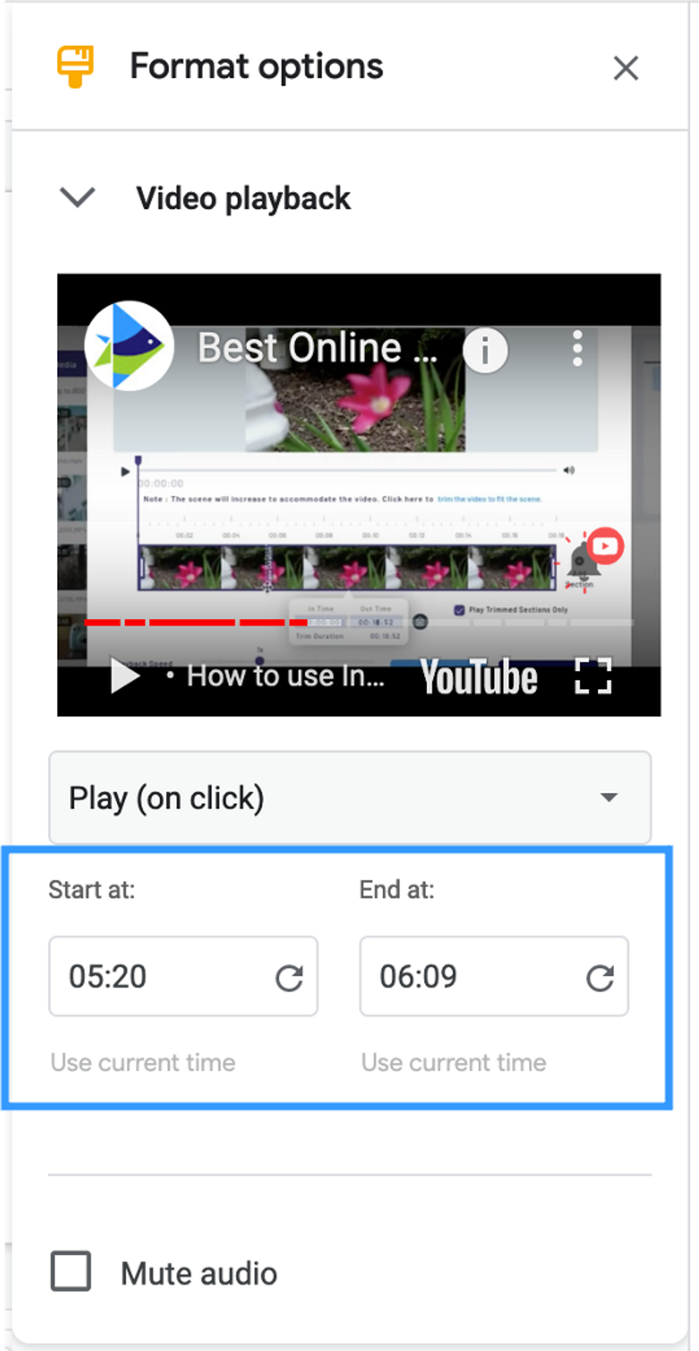 How to embed part of a YouTube video in Google Slides - step 2