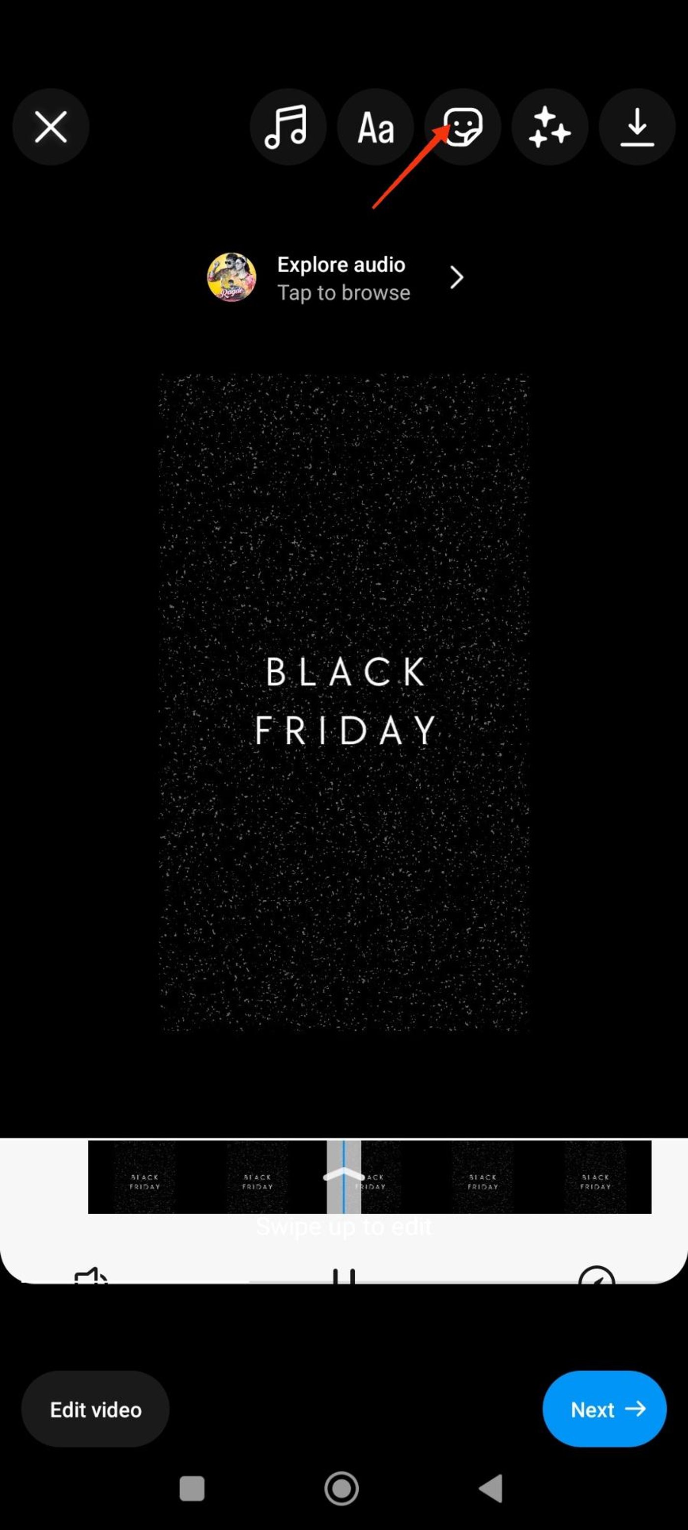 Instagram Reel editing interface with 'Black Friday' text and sticker option highlighted.