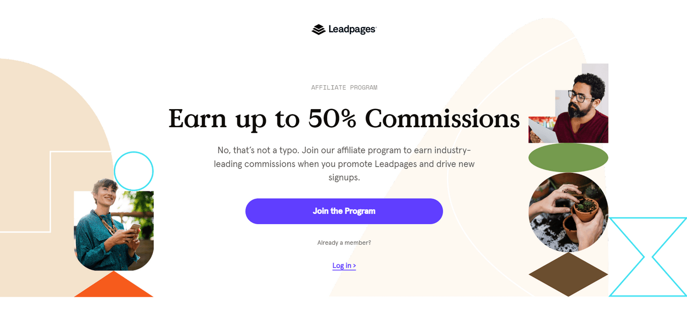 Leadpages affiliate program page offering up to 50% commissions for driving new signups through promotions.