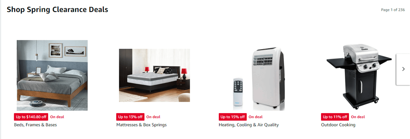 example of Amazon giving its customers clearance deals with discounts of 10-40% on the prices