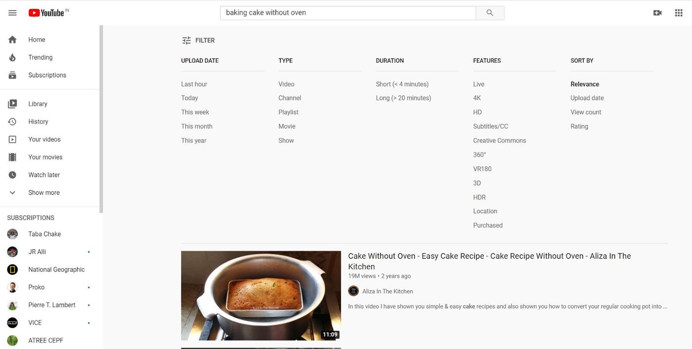 Filtros de resultados de búsqueda en Youtube