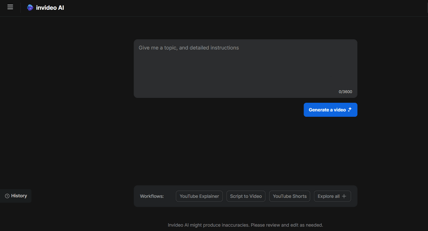 The invideo AI interface, showing a text box to input a topic and generate a video.