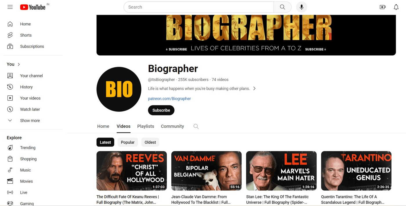 YouTube channel page of Biographer, showcasing celebrity biographies and stories from A to Z.