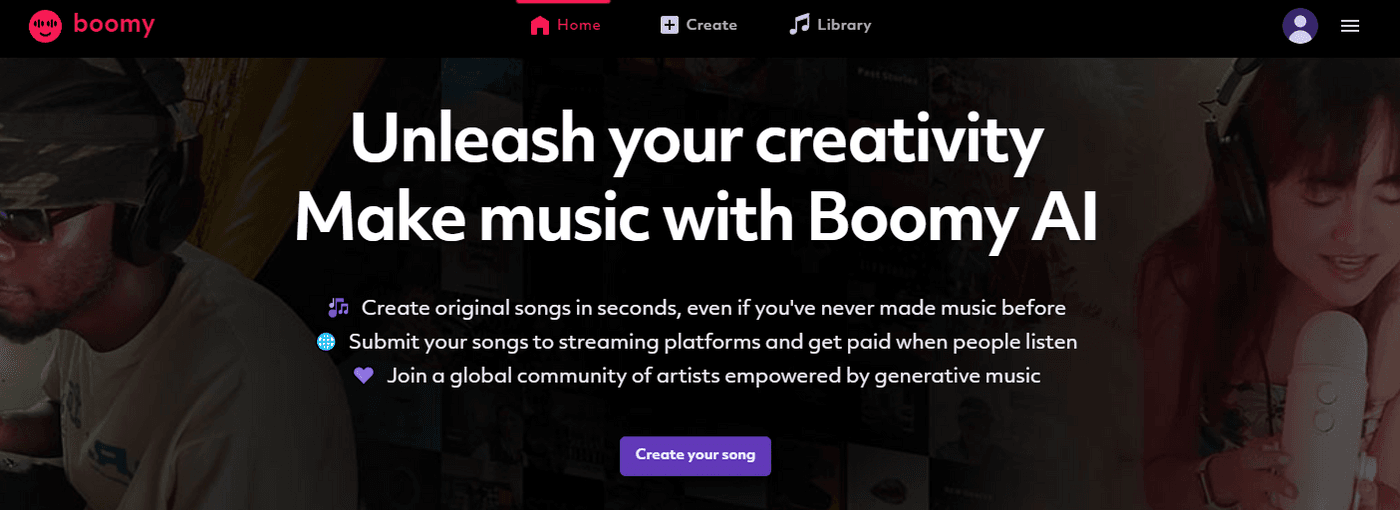 Boomy AI website encouraging users to create music with AI.