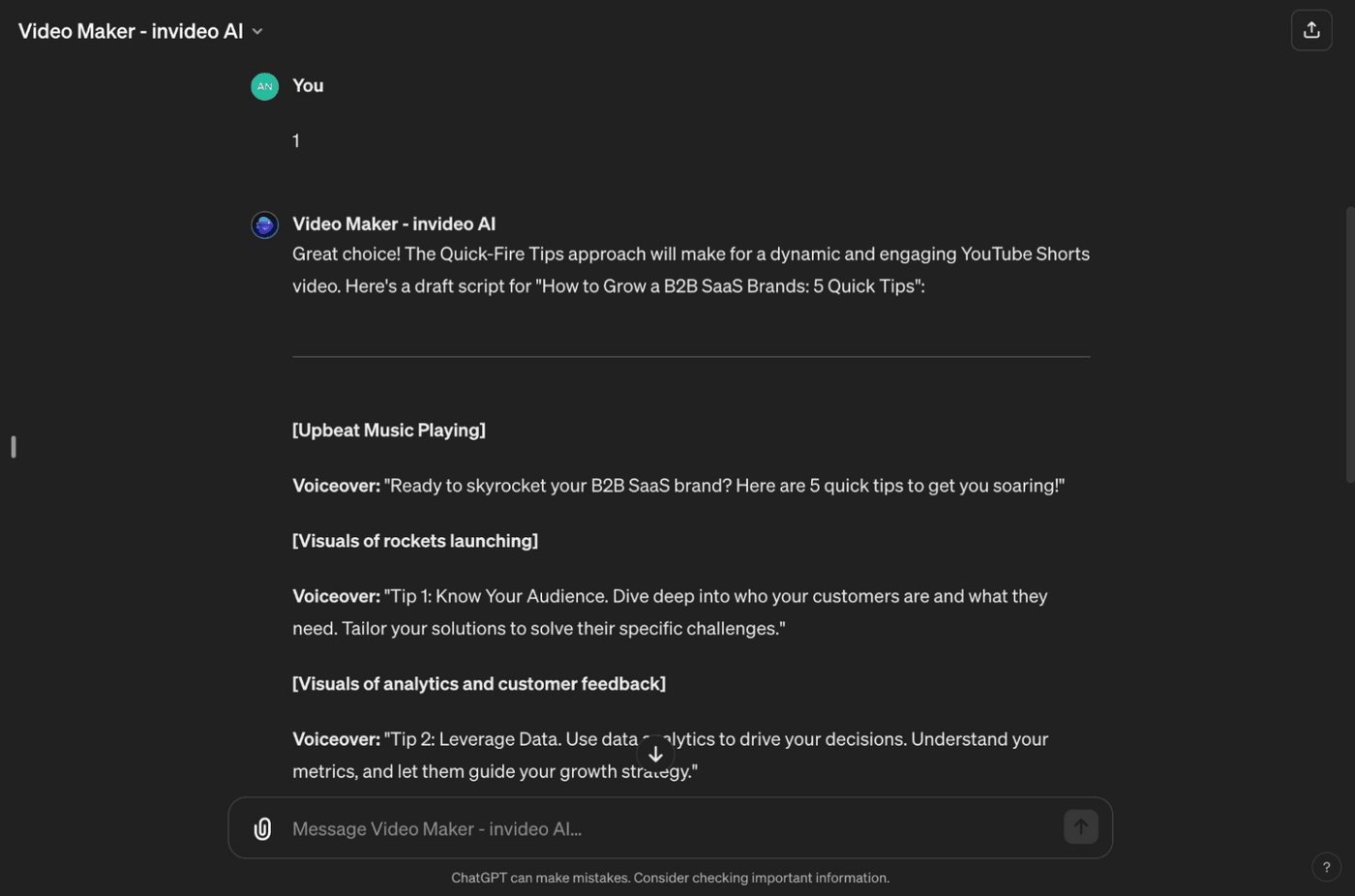 Video Maker script for B2B SaaS tips with voiceover, visuals, rockets, and upbeat music.