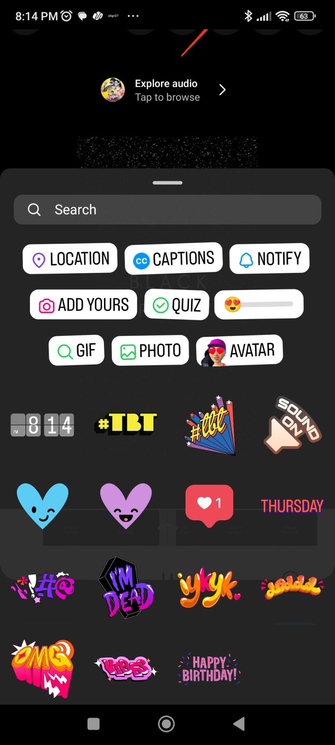 Instagram sticker selection screen showing options like location, captions, quiz, GIF, and heart icons.
