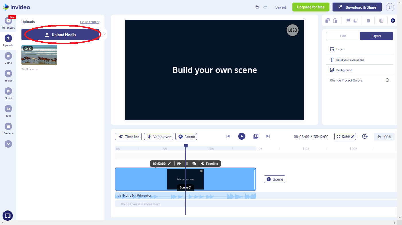Pantalla de InVideo para importación de medios