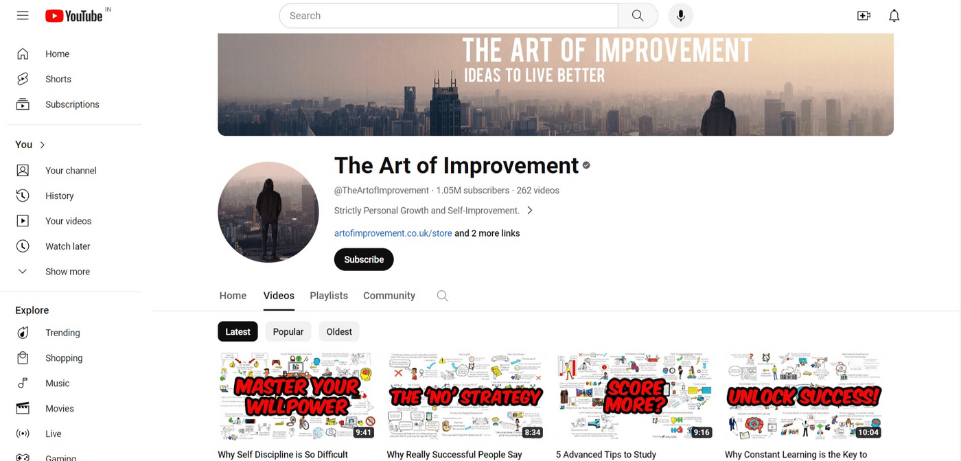 YouTube channel page of The Art of Improvement, focused on personal growth and self-improvement.