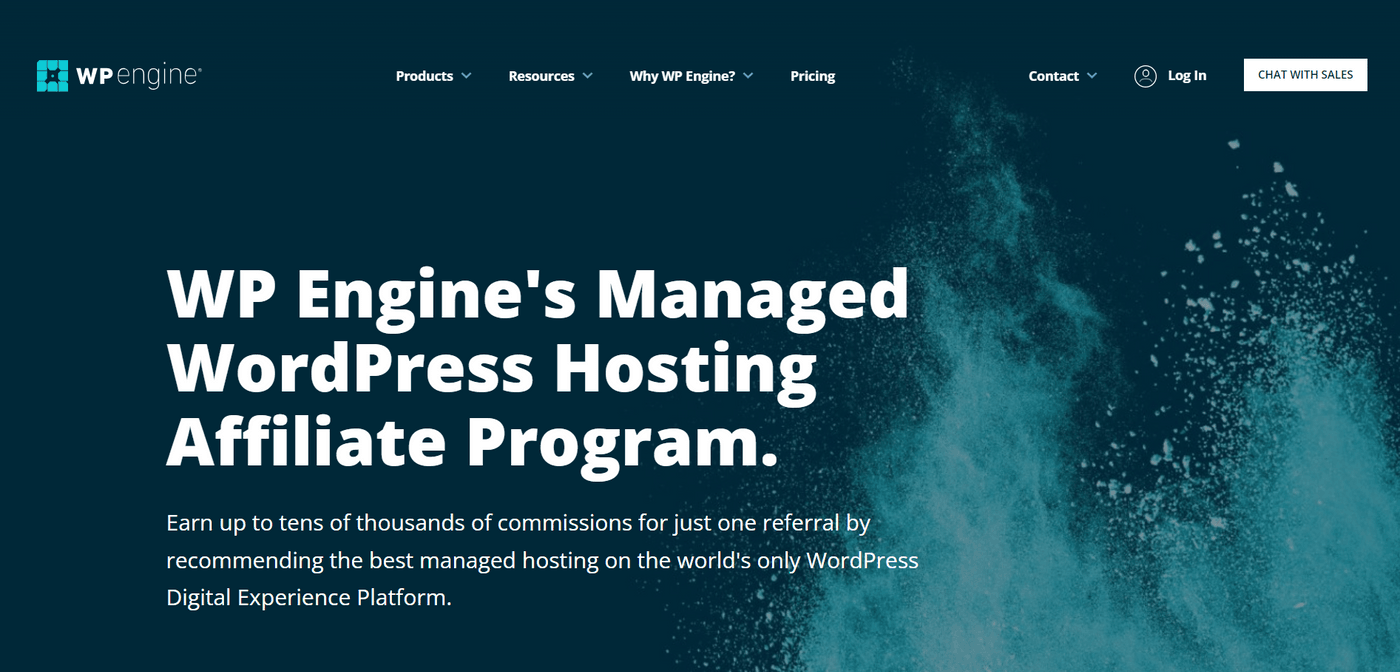 WP Engine's affiliate program page highlighting commissions for promoting managed WordPress hosting services.