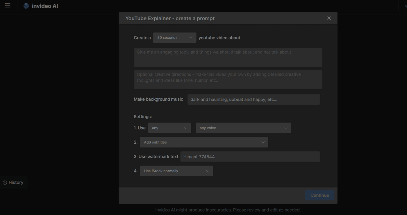 The invideo AI interface, showing a prompt to create a YouTube explainer video.