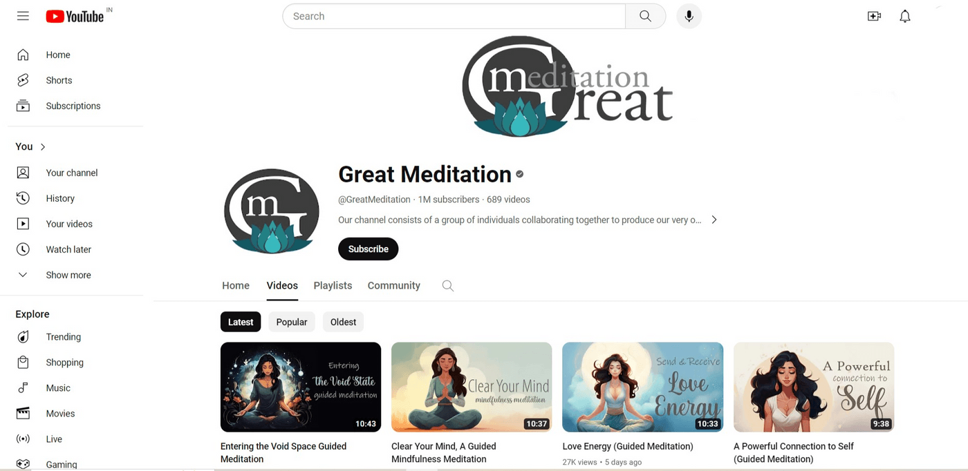 YouTube channel page of Great Meditation, featuring guided meditation videos and mindfulness content.