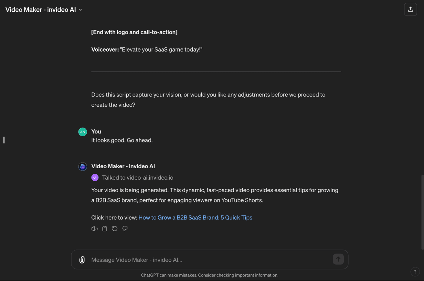 Video Maker confirms script approval, starts creating B2B SaaS video with dynamic tips for YouTube Shorts.