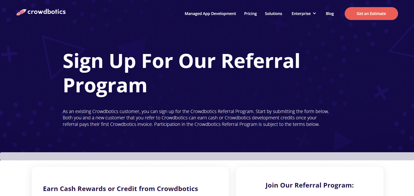 Sign up page for Crowdbotics referral program offering cash rewards or development credits for new referrals.