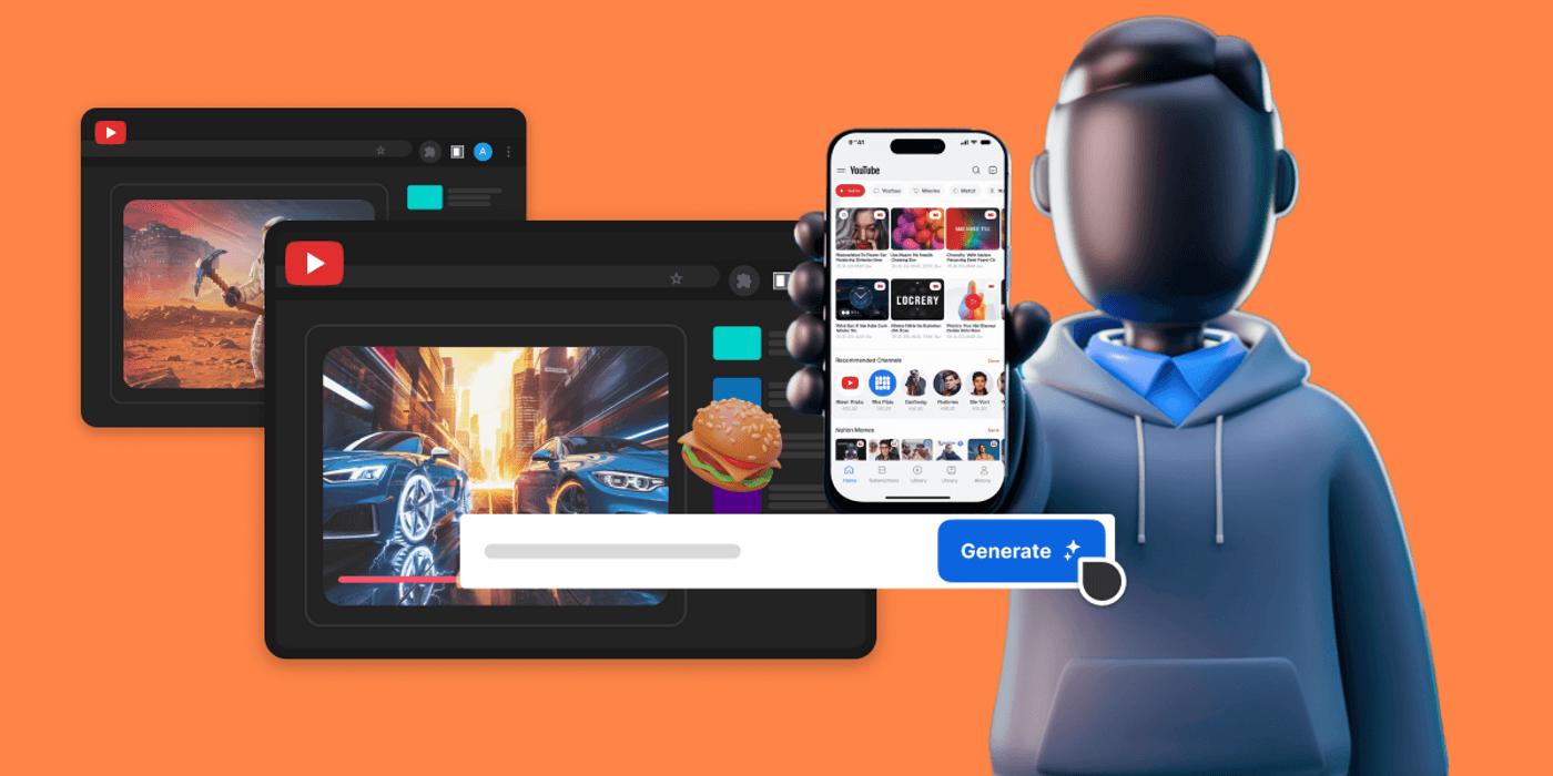 AI character holding a phone with YouTube, video screens, and a generate button on orange