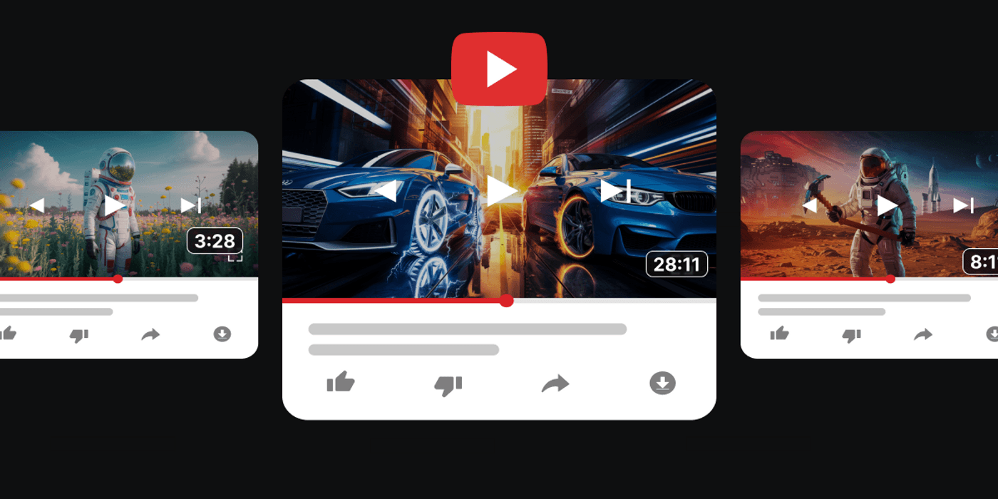 YouTube video thumbnails showing space exploration, racing cars, and an astronaut on Mars.