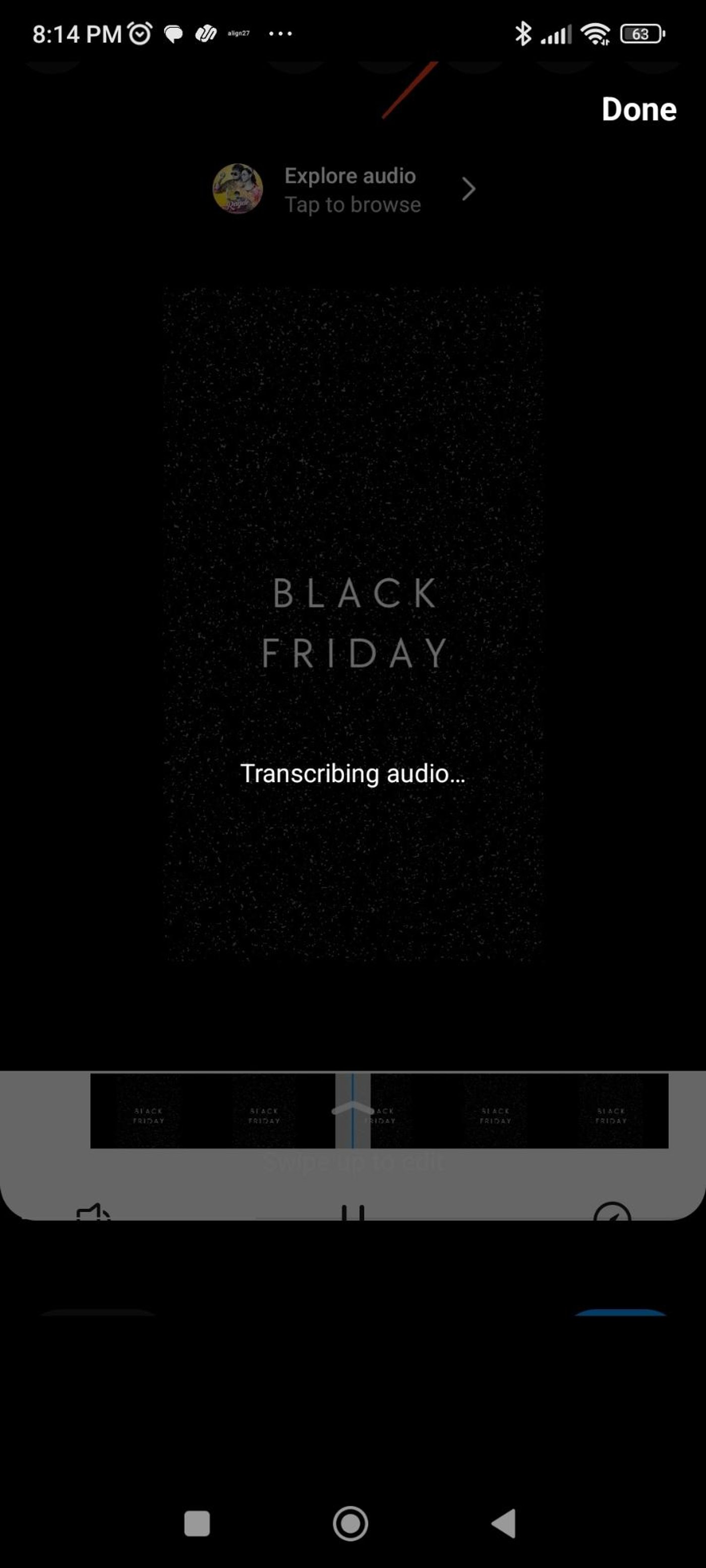 Instagram Reel editing screen with 'Black Friday' text and message reading 'Transcribing audio