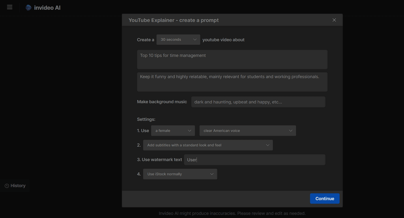Invideo AI YouTube Explainer prompt creation tool.